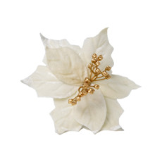 Imagem de FLOR POINSETIA DECORATIVA COR BRANCO AVELUDADO COM DOURADO CABO CURTO 15CM  - Cromus Embalagens Ind. E Com. Ltda