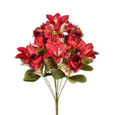 Imagem de BUQUÊ DECORATIVO DE ROSA E LÍRIO VERMELHO OUTONO EM PLÁSTICO MOLDÁVEL 46X22CM GRILLO - Grillo Ltda