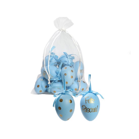 Imagem JOGO DE OVOS DECORATIVOS DE GALINHA EM POA PICOLÉ COM 9 UNIDADES AZUL EM SACO VOAL