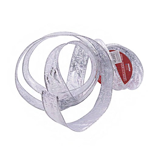 Imagem FITA DECORATIVA ARAMADA MERRY CHRISTMAS 3,8CM PRATA E BRANCO CR01