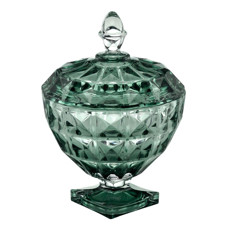 Imagem de POTICHE DECORATIVO CRISTAL COM PÉ TAMPA DIAMANT VERDE 18X24CM WOLFF - Rojemac Impotacao E Exportacao Ltda