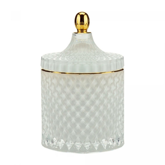 Imagem POTICHE DECORATIVO EM VIDRO BRANCO COM BORDA DOURADA 11X17CM - WOLFF
