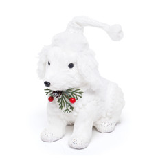 Imagem de CACHORRO COM GORRO E ENFEITE PESCOÇO BRANCO P (BARILOCHE) 20CM CROMUS - Cromus Embalagens Ind. E Com. Ltda