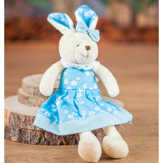 Imagem COELHO DE TECIDO EM PÉ COM VESTIDO FLORIDO AZUL 30CM - TOK DA CASA 