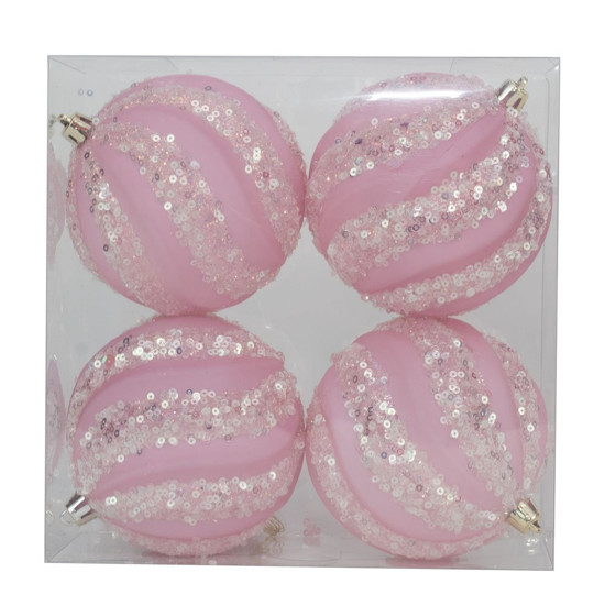 Imagem JOGO DE BOLAS DECORATIVA LISTRADA COM GLITTER ROSA 4 PEÇAS DE 10CM - CROMUS 