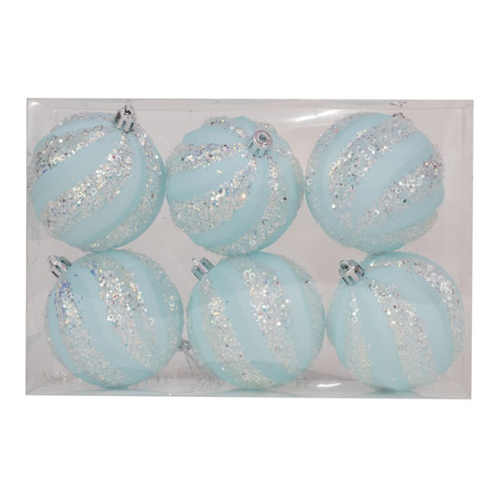 Imagem JOGO DE BOLAS DECORATIVA LISTRADO COM GLITTER AZUL CLARO 6 PEÇAS DE 8CM - CROMUS 