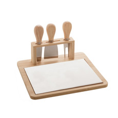 Imagem de CONJUNTO BANDEJA DE BAMBU E CERÂMICA COM 3 PEÇAS PARA QUEIJO DE AÇO INOX COM CABO DE BAMBU 23X21CM  - Coliseu Presentes Ltda