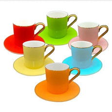 Imagem de JOGO DE 12 PEÇAS PARA CAFÉ EM NEW BONE CHINA COM BORDA DOURADA 100ML COLORIDO  - Full Fit Industria Importacao E Comercio Ltda.