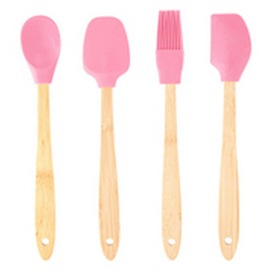 Imagem CONJUNTO 4 UTENSÍLIOS DE SILICONE COM CABO EM BAMBU ROSA - LYOR