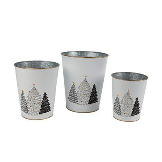 Imagem JOGO DE VASOS DECORATIVO DE METAL COR BRANCO COM ÁRVORES NATALINA 3 PEÇAS - TOK DA CASA 