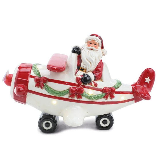Imagem AVIÃO DECORATIVO COM NOEL COM LED VIDEO E SOM COLORIDO DE CERÂMICA 30X18X19CM - CROMUS 