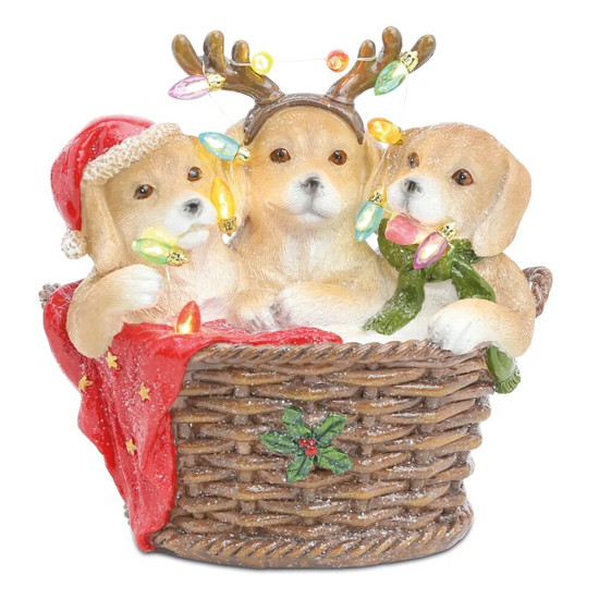 Imagem CESTA COM CACHORROS DECORATIVOS DE RESINA COM LED MOVIDO A PILHAS 3AAA 12X20X19CM - CROMUS 