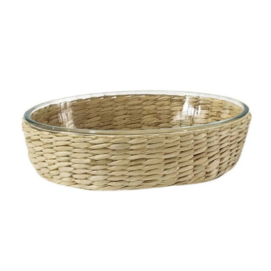 Imagem TRAVESSA OVAL VIMINI EM VIDRO BOROSSILICATO E REVESTIMENTO EM RATTAN L26,8XP19XA6,5CM - DYNASTY