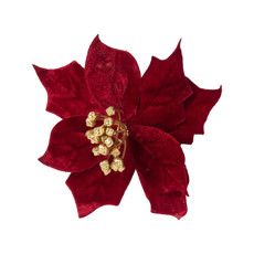 Imagem de FLOR POINSETIA DECORATIVA VERMELHA COM GLITTER DOURADO CABO CURTO 15CM - Cromus Embalagens Ind. E Com. Ltda