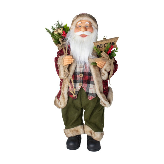 Imagem PAPAI NOEL EM PÉ 60CM COR VERMELHO E VERDE COM PLACA E PRESENTE 