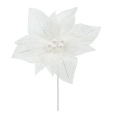 Imagem de MINI FLOR POINSÉTIA DECORATIVA DE NATAL COR BRANCO COM GLITTER CABO CURTO 20X20X20CM - CROMUS  - Cromus Embalagens Ind. E Com. Ltda