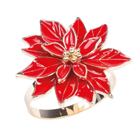 Imagem JOGO DE PORTA GUARDANAPO COMR FLOR COR DOURADO COM VERMELHO 4 PEÇAS 4CM - CROMUS 