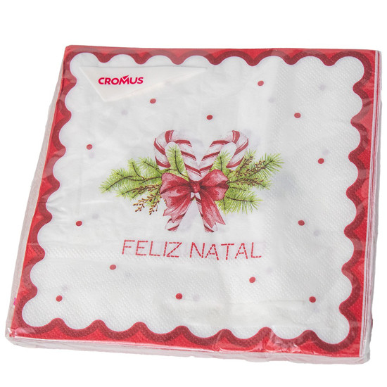 Imagem GUARDANAPO DE PAPEL FELIZ NATAK COR BRANCO COM VERMELHO 33X33CM 20 UNIDADES - CROMUS