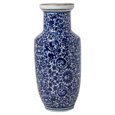 Imagem de MINI VASO DECORATIVO DE CERÂMICA PORTUGUESA TRACOS COR BRANCO COM AZUL 23CM  - A A Distr E Importacao De Artigos De Decoracao Ltda