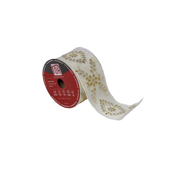 Imagem FITA DECORATIVA DE NATAL COR BRANCO, PRATEADO E DOURADO 6.3CMX9.14M - CROMUS