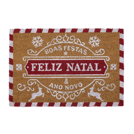 Imagem CAPACHO FELIZ NATAL COR BRANCO, MARROM E VERMELHO 60X40X1CM - MABRUK 