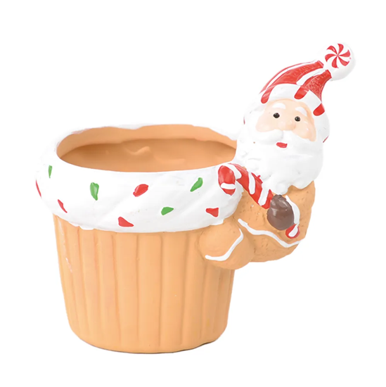 Imagem MINI VASO CUPCAKE NATALINO COM PAPAI NOEL DECORATIVO EM CERÂMICA 9X10X7 CM