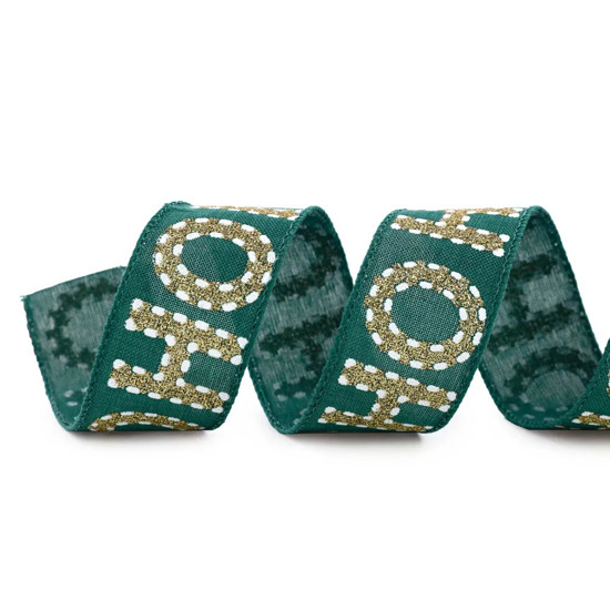 Imagem FITA ARAMADA NATALINA HOHOHO DECORATIVA EM POLIÉSTER VERDE E DOURADA 3,8CM X 9,14M