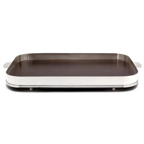 Imagem BANDEJA EM INOX OBLONGA GALERIA LISA COM FUNDO DE MADEIRA 48X30X6 CM - ST JAMES