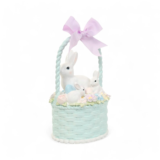 Imagem CESTA DECORATIVA DE COELHOS OVOS E FLORES COLORIDAS EM RESINA 27X27X14 CM - CROMUS