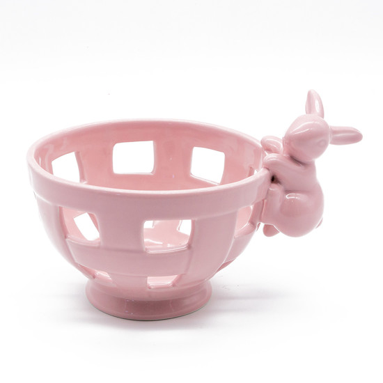 Imagem CESTA DECORATIVA EM PORCELANA ROSA COM COELHO PENDURADO 12X19X14 CM - TOK DA CASA