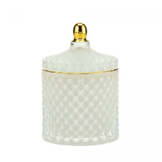 Imagem de POTICHE DECORATIVO EM VIDRO BRANCO COM TAMPA E BORDA DOURADA 13X9CM - WOLFF - Rojemac Impotacao E Exportacao Ltda