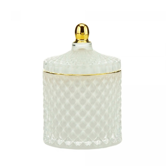 Imagem POTICHE DECORATIVO EM VIDRO BRANCO COM TAMPA E BORDA DOURADA 13X9CM - WOLFF