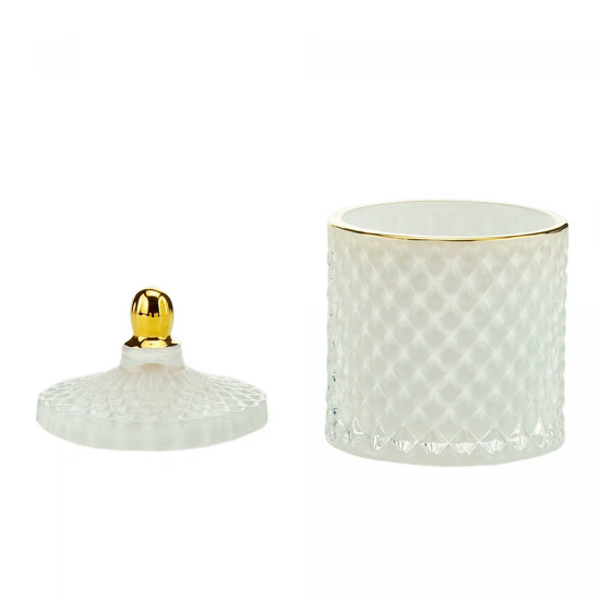 Imagem POTICHE DECORATIVO EM VIDRO BRANCO COM TAMPA E BORDA DOURADA 13X9CM - WOLFF