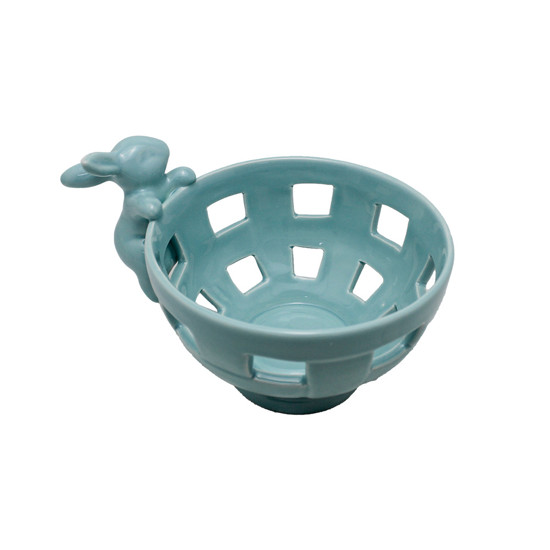 Imagem CESTA DECORATIVA EM PORCELANA AZUL COM COELHO PENDURADO 12X19X14 CM - TOK DA CASA