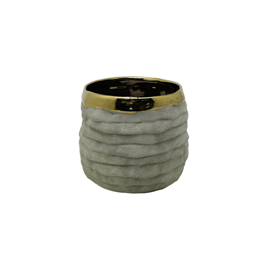 Imagem VASO DECORATIVO EM CERÂMICA COR CINZA COM BORDA DOURADA 12X15X15 CM - MABRUK