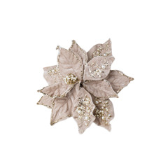 Imagem de POINSÉTIA DECORATIVA DE NATAL COR BEGE VELUDO COM BRANCO E GLITTER DOURADO COM PEGADO 21CM - CROMUS  - Cromus Embalagens Ind. E Com. Ltda