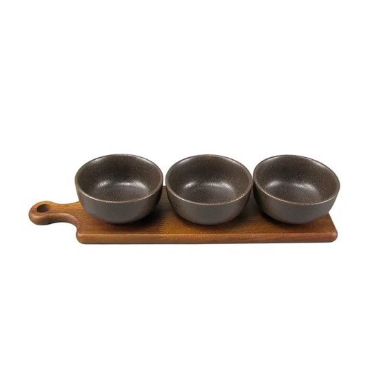 Imagem CONJUNTO PETISQUEIRA EM CERÂMICA PRETO E BANDEJA EM MADEIRA COM 3 BOWLS - CROSS