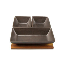Imagem de CONJUNTO PETISQUEIRA COM BANDEJA EM MADEIRA E 3 BOWLS EM CERÂMICA - CROSS - Cross Comercial Ltda