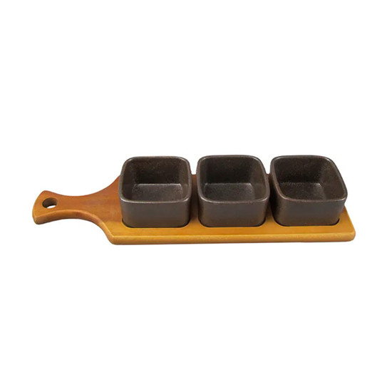 Imagem CONJUNTO PETISQUEIRA EM CERÂMICA PRETO E BANDEJA EM MADEIRA COM 3 BOWLS - CROSS