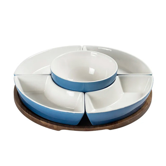 Imagem PETISQUERIA EM MADEIRA E CERÂMICA AZUL DEGRADE COM 5 BOWLS 6X31CM - CROSS