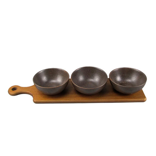 Imagem CONJUNTO PETISQUEIRA EM MADEIRA COM 3 BOWLS PRETOS EM CERÂMICA 6X40X10,5CM - CROSS