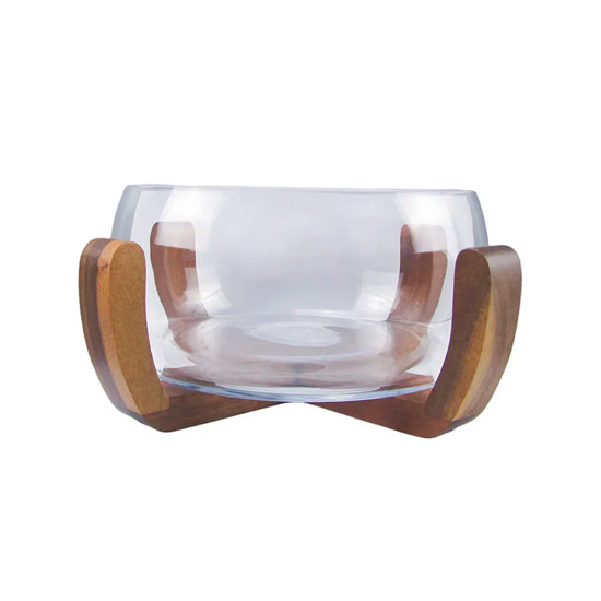 Imagem CENTRO DE MESA REDONDO DECORATIVO EM VIDRO COM BASE EM MADEIRA 12,5X27CM - CROSS