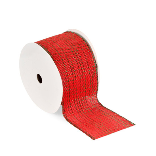 Imagem FITA ARAMADA NATALINA EM LINHO VERMELHO COM DETALHES VERDES 6CM X 7M - GRILLO