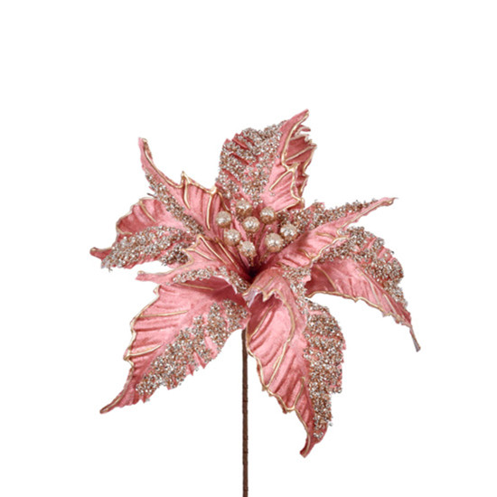 Imagem HASTE DECORATIVA DE POINSÉTIA ROSÉ COM GLITTER EM POLIÉSTER 20X34CM - GRILLO
