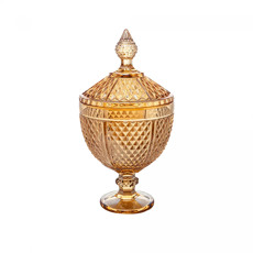 Imagem de POTICHE DE CRISTAL COM PÉ PERSEU ÂMBAR METALIZADO 15X28CM - LYOR - Coliseu Presentes Ltda