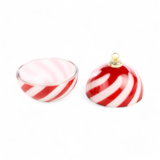 Imagem BOMBONIERE FORMATO BOLA DE NATAL VERMELHA E BRANCA LISTRADA EM VIDRO - CROMUS 