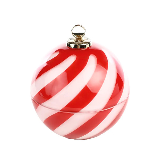 Imagem BOMBONIERE FORMATO BOLA DE NATAL VERMELHA E BRANCA LISTRADA EM VIDRO - CROMUS 