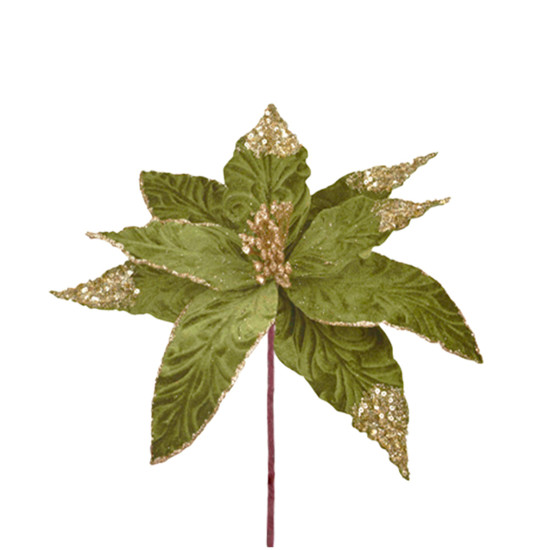 Imagem HASTE DECORATIVA DE POINSÉTIA VERDE AVELUDADA COM GLITTER EM POLIÉSTER - GRILLO