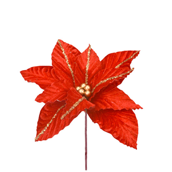 Imagem HASTE DECORATIVA MOLDÁVEL DE POINSÉTIA VERMELHA AVELUDADA E GLITTER 20X27CM - GRILLO