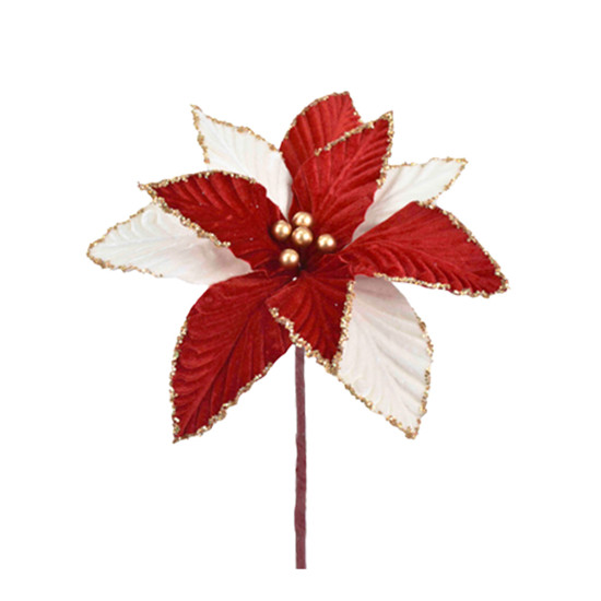 Imagem HASTE DECORATIVA DE POINSÉTIA VERMELHA E BRANCA EM POLIÉSTER 20X25CM - GRILLO